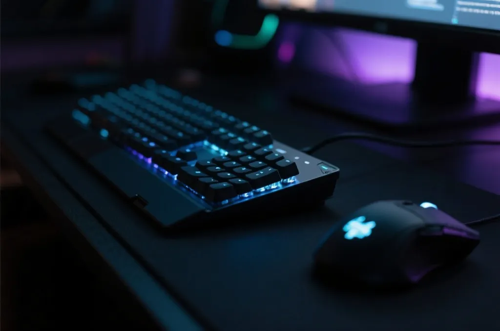 Close-up of a high-performance mechanical gaming keyboard and mouse on a dark desk, illuminated by subtle RGB backlighting, shallow depth of field, professional setup